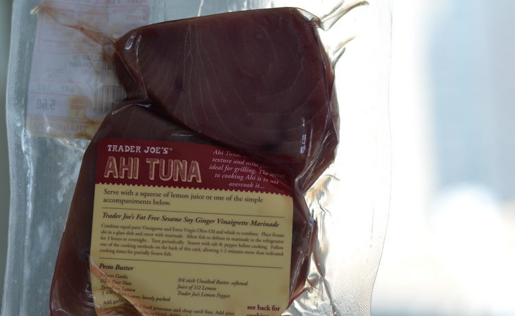 Frozen Ahi Tuna Steak in plastic packaging from Trader Joe's