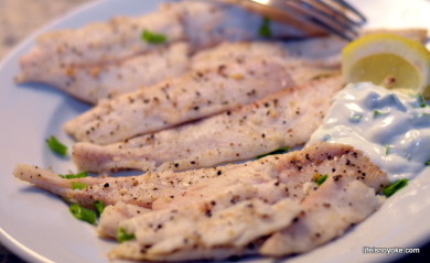 Baked Dover Sole served with greek yogurt fish sauce and lemon wedge