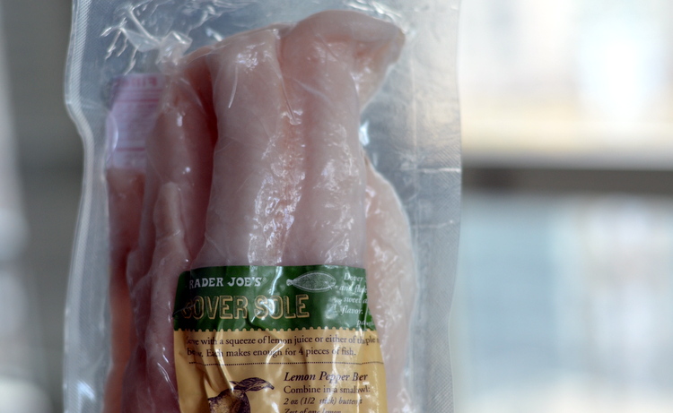 Frozen Dover Sole Fillets in clear plastic packaging from Trader Joes