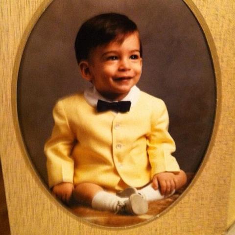 Old family photo of 1 year old Lenny Gale in yellow suit and black bowtie for Cake Batter Smoothie page