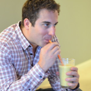 Rick P. drinking an egg white smoothie on day 14 of his smoothie diet.