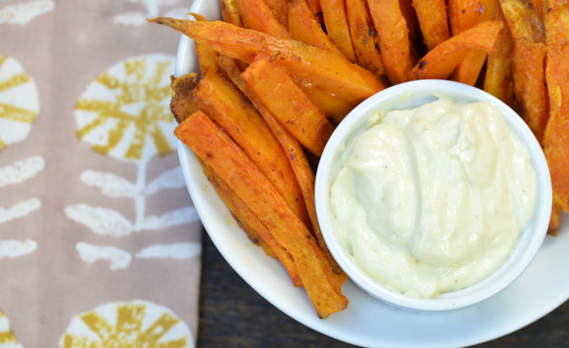 Vegan aioli made in our Vitamix served with sweet potato fries.