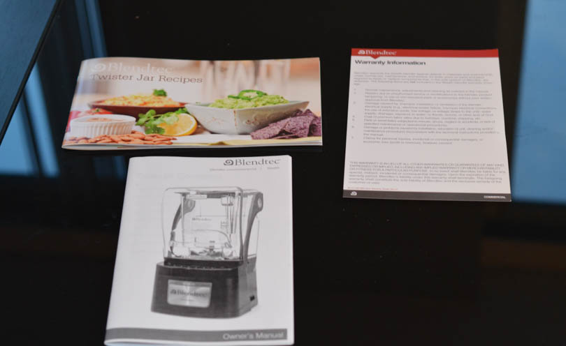 Recipes, warranty info and user guide that come with the Blendtec Stealth.