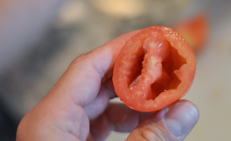 Closeup of a cut and gutted tomato for salad