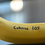 A banana with "Calories 105" written on it in permanent marker.