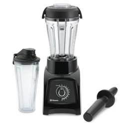 Vitamix S30 with two containers and tamper against white background.
