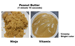 Peanut Butter made Vitamix next to same thing made in Ninja. Vitamix is creamy and bright color.