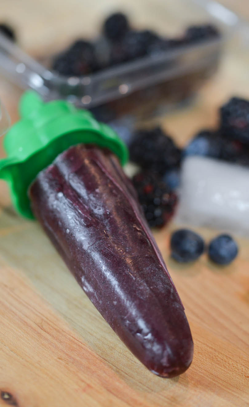 One blueberry blackberry popsicle up close.