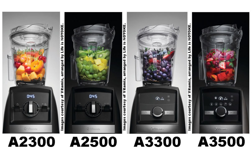 Vitamix Ascent models 2300, 2500, 3300, and 3500 next to each other arranged by Life is NOYOKE.