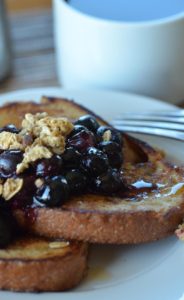 Close up of vegan french toast on white plate.