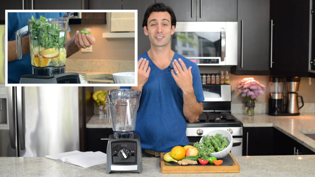 Lenny Gale in the how to make green juice youtube video thumbnail.