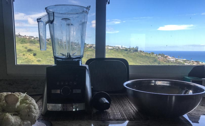 Our Vitamix A3500 with a view of the Pacific ocean in the background.