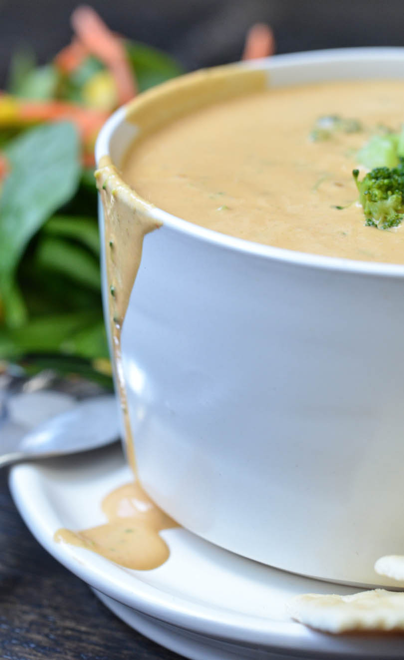 Vegan broccoli cheese soup made in our Vitamix served with a salad.