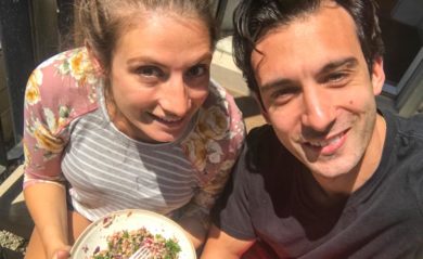Shalva and Lenny on their stoop eating detox salad.
