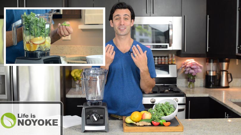 Lenny Gale demonstrating how to make green juice in a Vitamix.