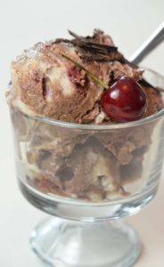 Vegan black forest ice cream made with a spoon made in our Vitamix.