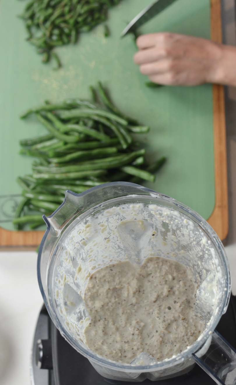 Green bean casserole ingredients in our Vitamix.