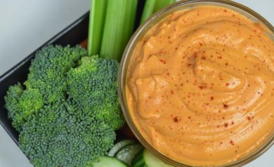 Roasted red pepper hummus made in our Vitamix.