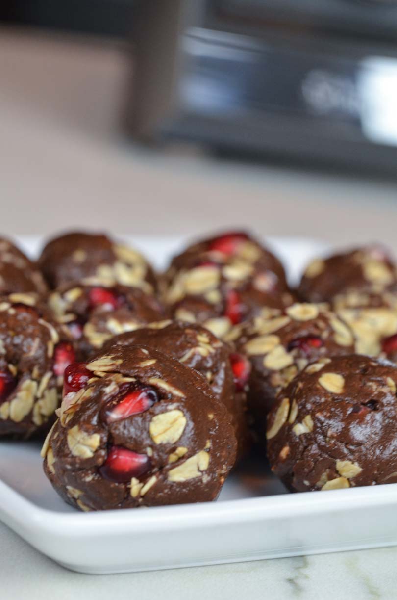 Chocolate Pomegranate Protein Bites in front of our Vitamix A3500.