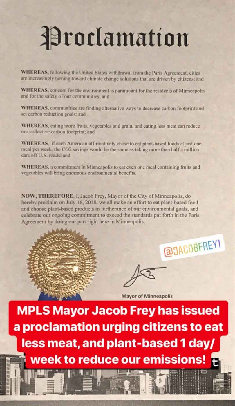 Plant-based proclamation from Minneapolis mayor Jacob Frey