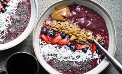 Smoothie bowl with acai berries.