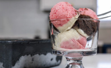 Neapolitan nice cream in a cup.