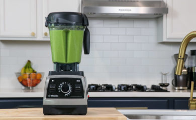 Green juice inside a Pearl Gray Vitamix Pro 750 in the Lifeisnoyoke kitchen.