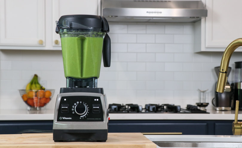 Green juice inside a Pearl Gray Vitamix Pro 750 in the Lifeisnoyoke kitchen.
