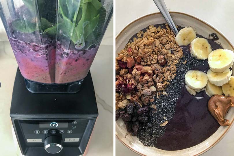 ingredients in 64-ounce low profile vitamix container with served smoothie bowl
