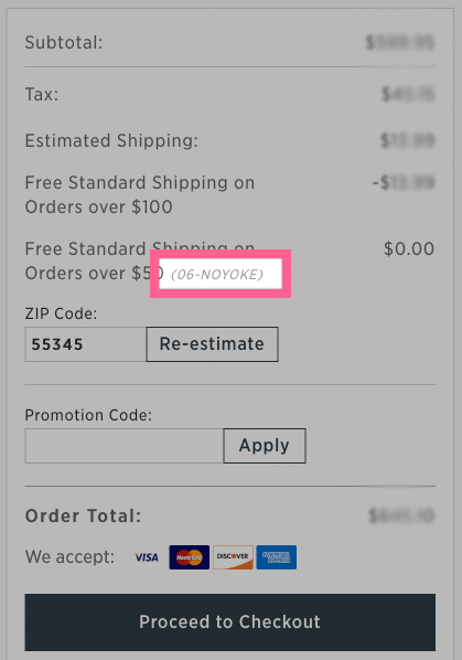 Vitamix shopping cart showing location of 06-NOYOKE, LifeIsNoYoke's activated referral