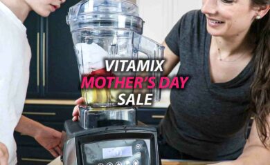 mom and son with vitamix a3500 and aer disc container announcing vitamix mothers day sale