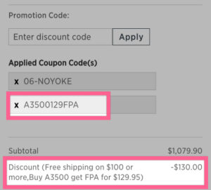 Vitamix shopping cart showing $129 FPA with a3500 purchase and code A3500129FPA