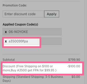 Vitamix shopping cart showing $99 FPA with a3500 purchase and code A350099FPA